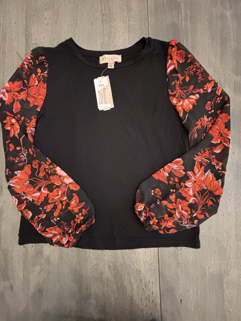 Philosophy Black base with sheer red/black floral sleeves- NEW (M Petite)